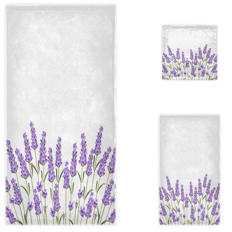 Naanle Beautiful Purple Lavender Flowers Soft Luxury Decorative Set of 3 Towels, 1 Bath Towel+1 Hand Towel+1 Washcloth, Multipurpose for Bathroom, Hotel, Gym, Spa and Beach - Image 1